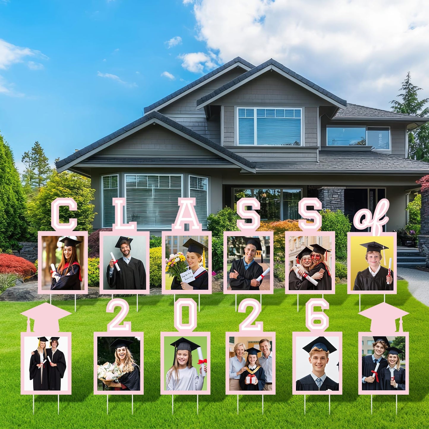 12 Pcs Graduation Photo Yard Sign Decorations 2026, K-12 Grade Graduation School Picture Frame Lawn Sign with Stakes for Kindergarten Middle High School Class of 2026 Grad Party Decorations, Red WN420