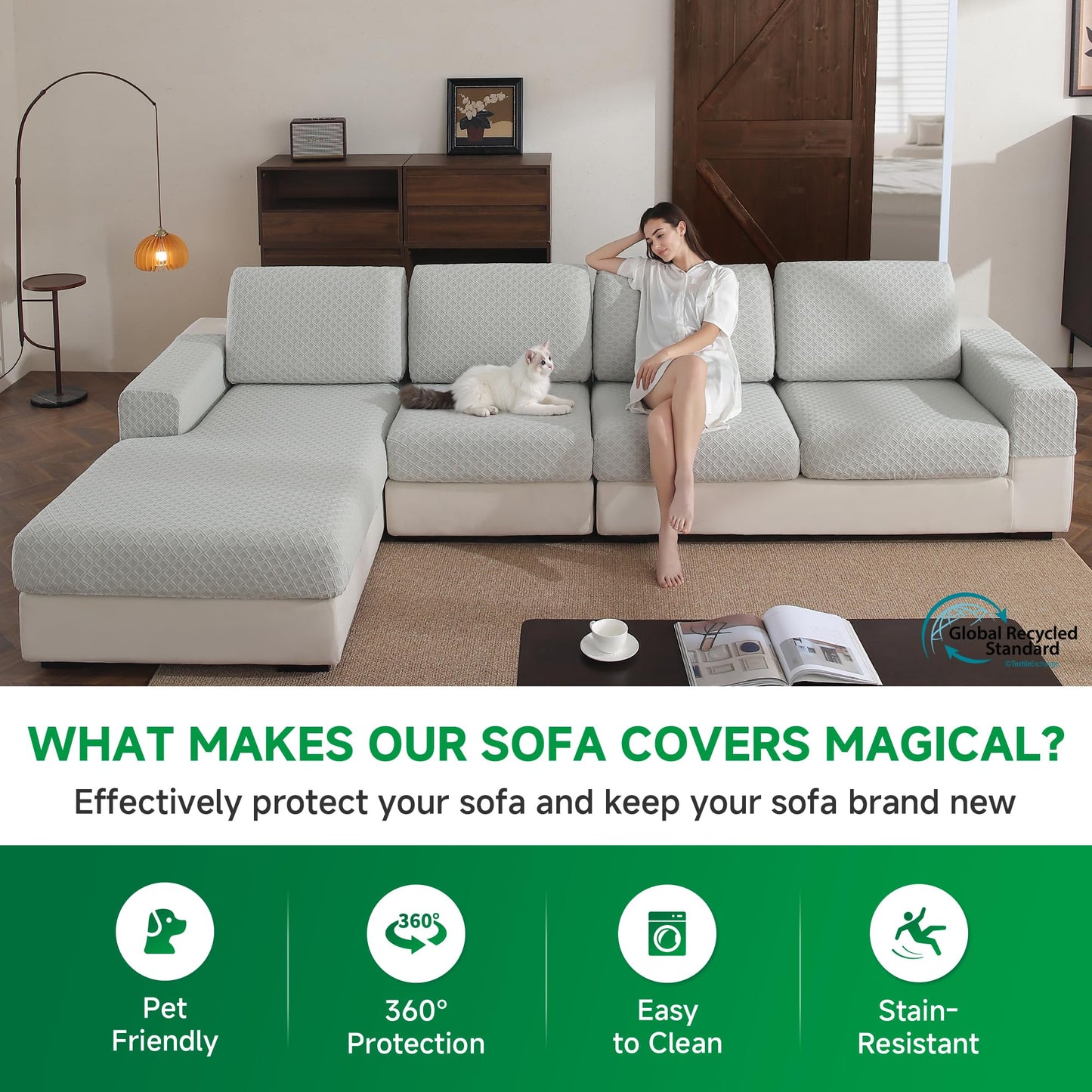 OHSIO Couch Cover, Stretch Sofa Cover, Soft Seat Cushion Covers Washable, Sectional L Shape Sofa Slipcover, Wear Stain Resistant Pet Friendly Furniture Protector for Home (1 Seat Cover L, Dark Gray) BST326H