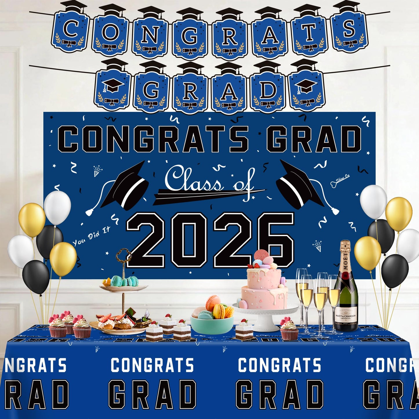 Graduation Decorations 2026 2027 - Red Congrats Grad Banner Backdrop Tablecloth Set - Graduation Decorations Class of 2026 | Graduation Party Favors Supplies WN420