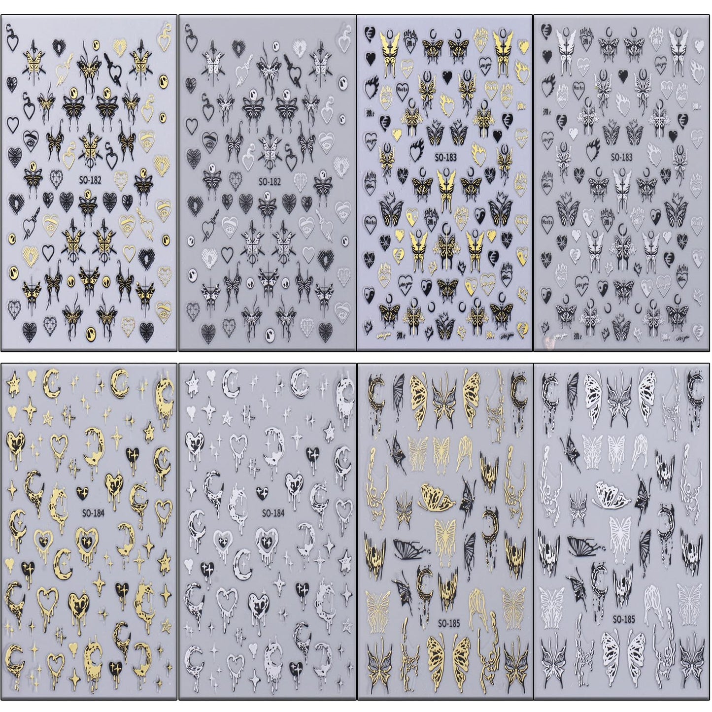 Liquid Butterfly Nail Art Sticker Decals Black Gold Black Silver Butterfly Moon Design Nail Decals 3D Self-Adhesive Nail Art Supplies Heart Nail Art Sticker Decoration for Women Manicure Supplies BST326L