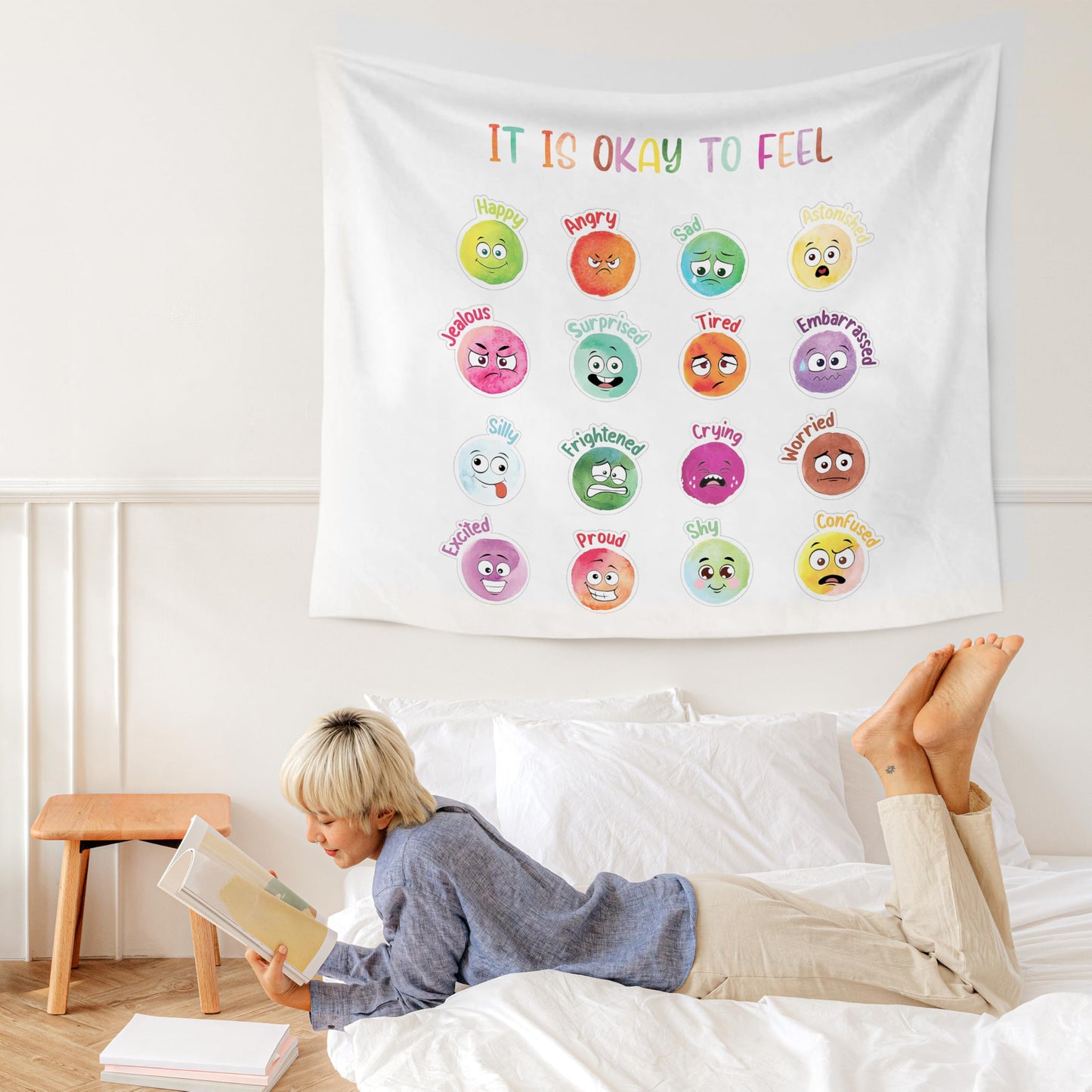 WARDOS Boho Rainbow Classroom Tapestry, Be Kind Motivational Tapestry Wall Hanging, Boho Pastel Rainbow Wall Blanket Decor for Classroom Kids Room Nursery Playroom, 50x60 Inch WN420