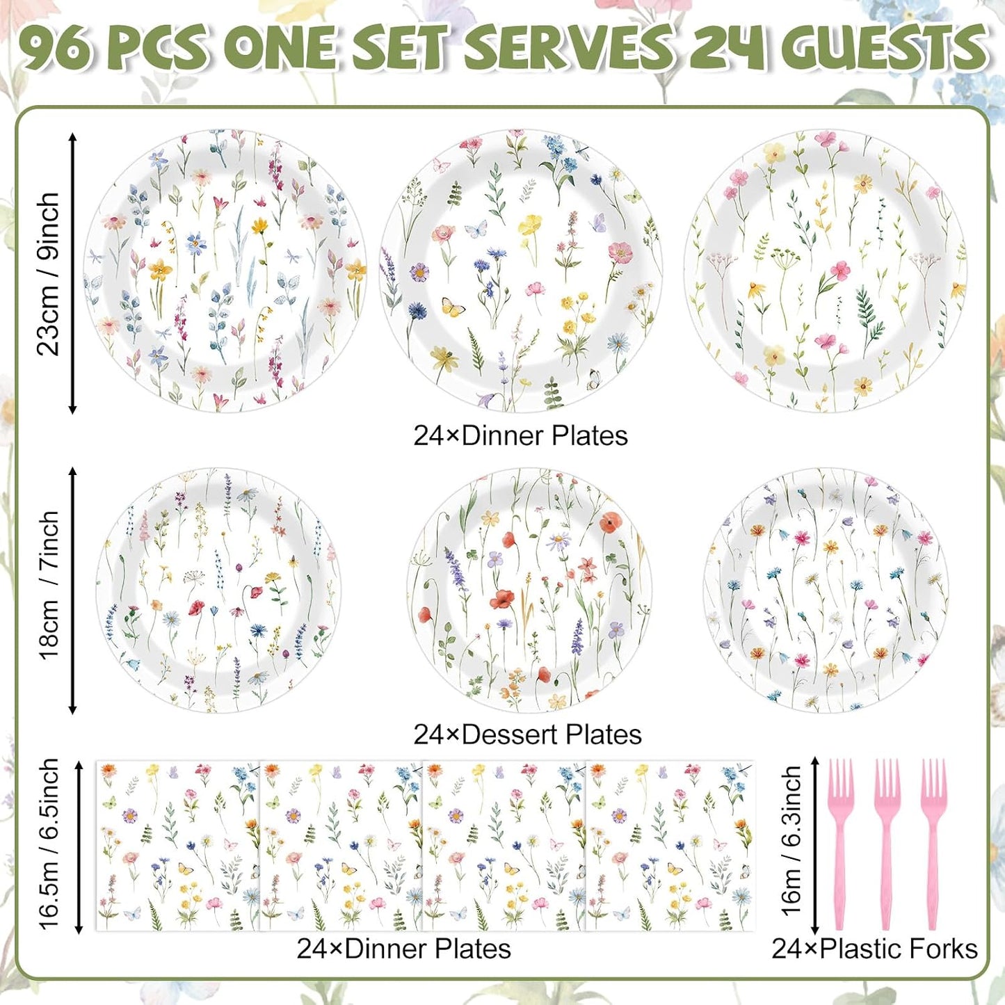 96Pcs Wildflower Party Supplies Floral Themed Paper Plates Napkins Wildflower Butterfly Tableware Disposable Dinnerware Decoration Set for Girls Birthday Wedding Bridal Baby Shower Party Table Decor BST202