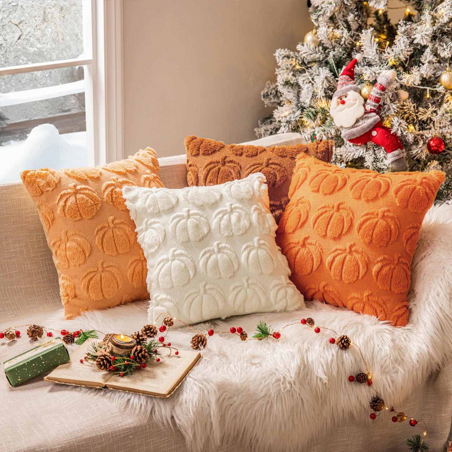 Cream White Fall Pumpkin Decorative Throw Pillow Covers Set of 2, 18x18 Inch Soft Plush 3D Embroidered Halloween Pillow Covers for Fall Decorations Farmhouse Cushion Covers for Thanksgiving BST220