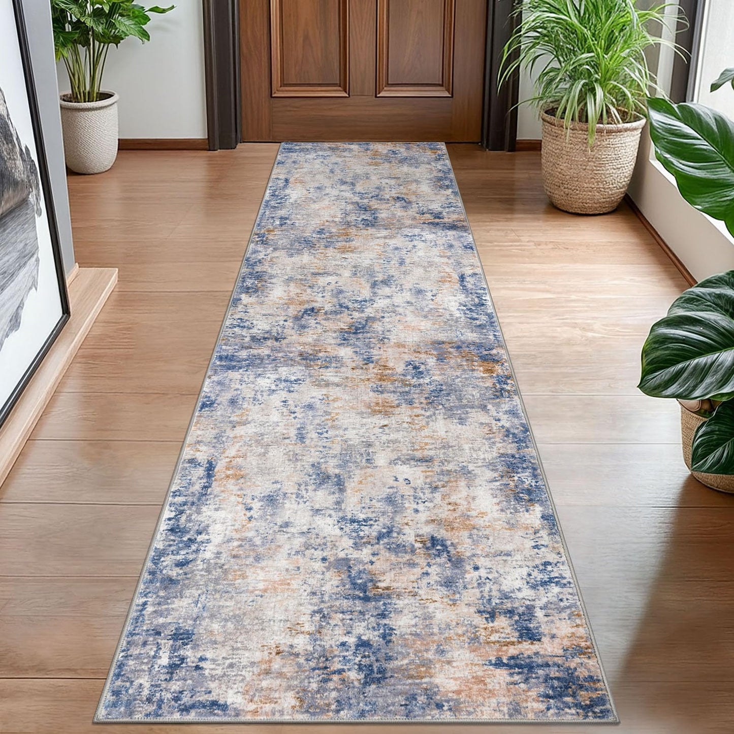 Lansny Modern Abstract Runner - 2x5, Beige Grey Washable Kitchen Entryway Rug Mat Non-Slip Soft Neutral Hallway Rug Thin Print Faux Wool Carpet for Bedroom Laundry Room Indoor BST220