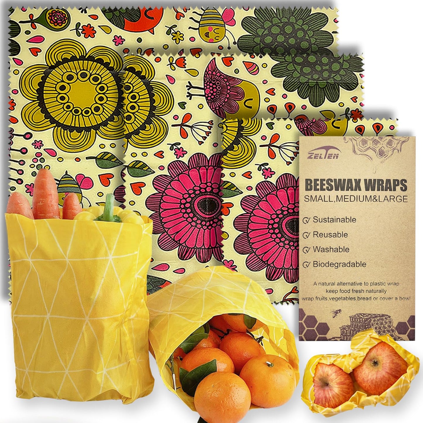 Beeswax Reusable Food Wraps - (6 Packs, 3 Sizes S,M,L, with 2 Meter Hemp Rope, Two Buttons) Plastic and Silicone Free, Eco-friendly Wrap, Wax Paper for Food,Flower BST220