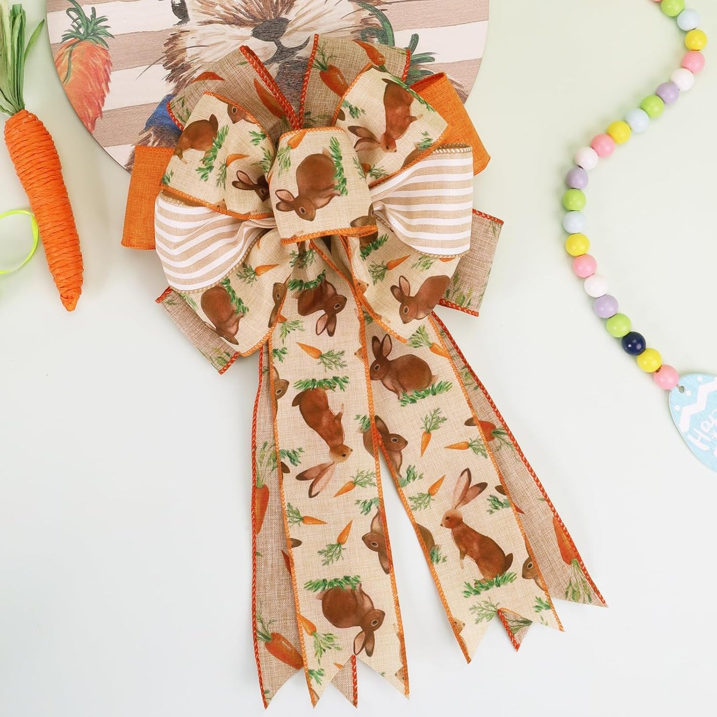 LaRibbons Easter Ribbon Wired 4 Rolls 2.5 Inch x 24 Yards TTL, Orange Carrot Bunny Ribbons for Baskets, Striped Wide Easter Ribbon for Crafts Spring Wreath Gift Wrapping Bow Decoration BST326H