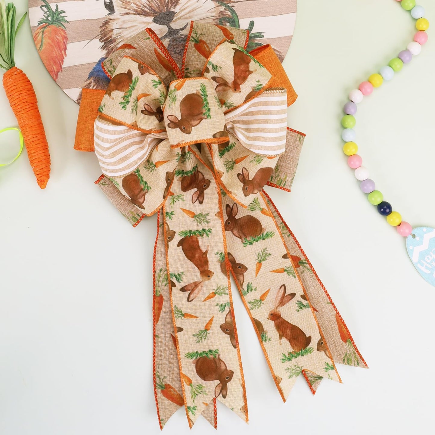 LaRibbons Easter Ribbon Wired 4 Rolls 2.5 Inch x 24 Yards TTL, Orange Carrot Bunny Ribbons for Baskets, Striped Wide Easter Ribbon for Crafts Spring Wreath Gift Wrapping Bow Decoration BST326H