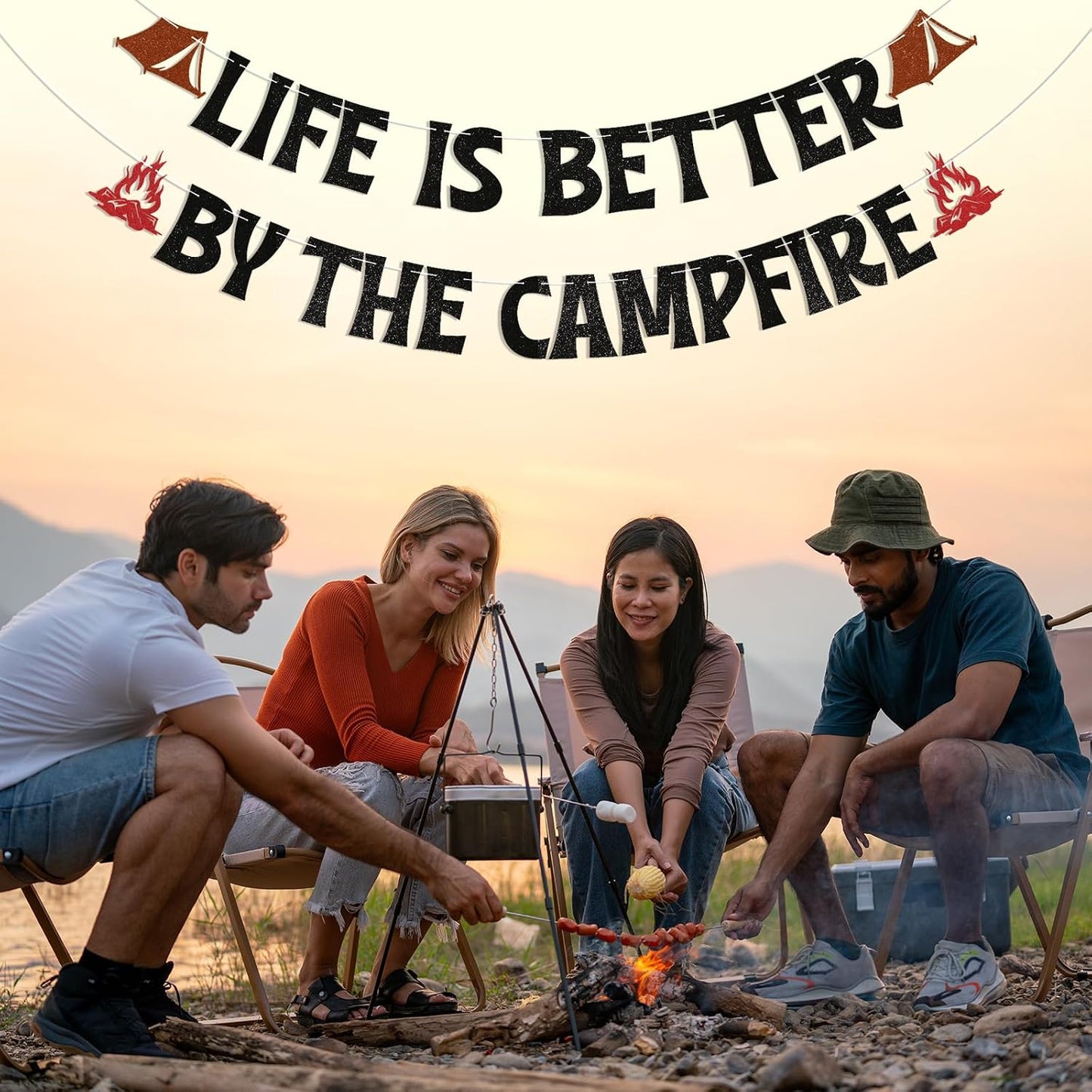 Life is Better By The Campfire Banner - Happy Camper Party Decor, Forest Adventure Decor, Camping Theme Birthday Party Decorations Black Glitter BST220