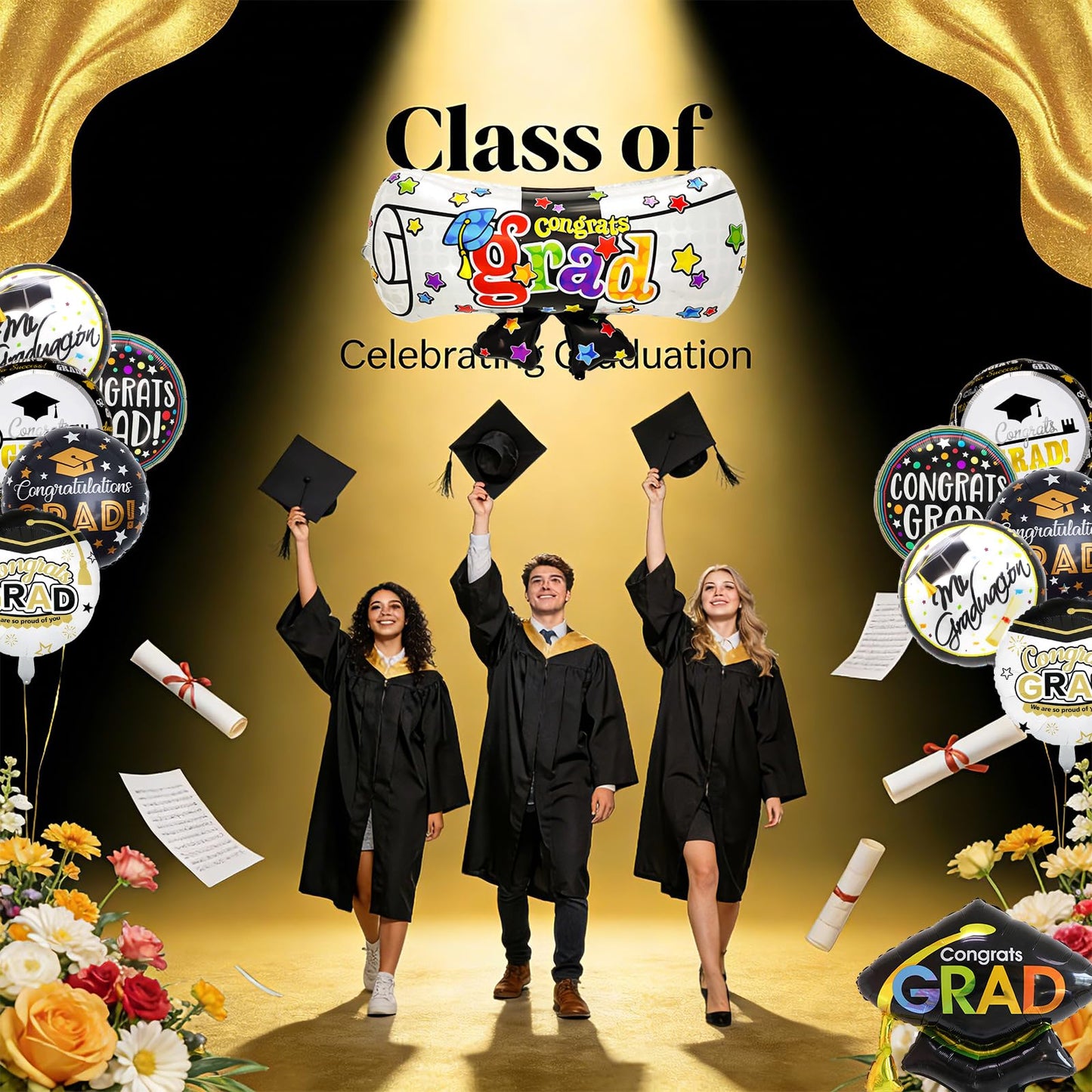 Graduation Balloons Congrats Grad Balloons Gold and Black Balloon for 5th Grade Graduation Decorations Grad Party Decorations 2026 BST326L