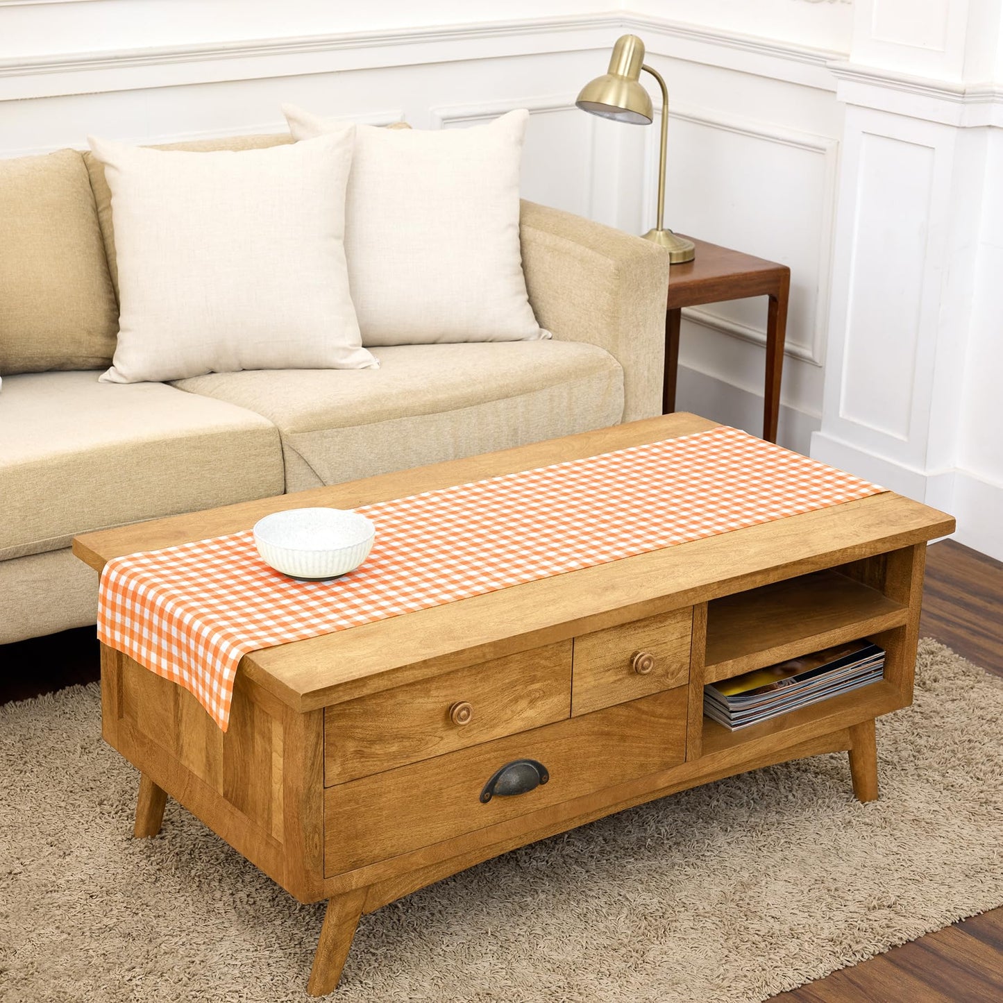 Solino Home 100% Pure Linen Table Runner Apricot, Gingham Check 14 x 36 in | Table Runners for nightstands, end tables, coffee tables and dressers | checkered weave, mitered corners | OEKO-TEX Certified BST326SOLH