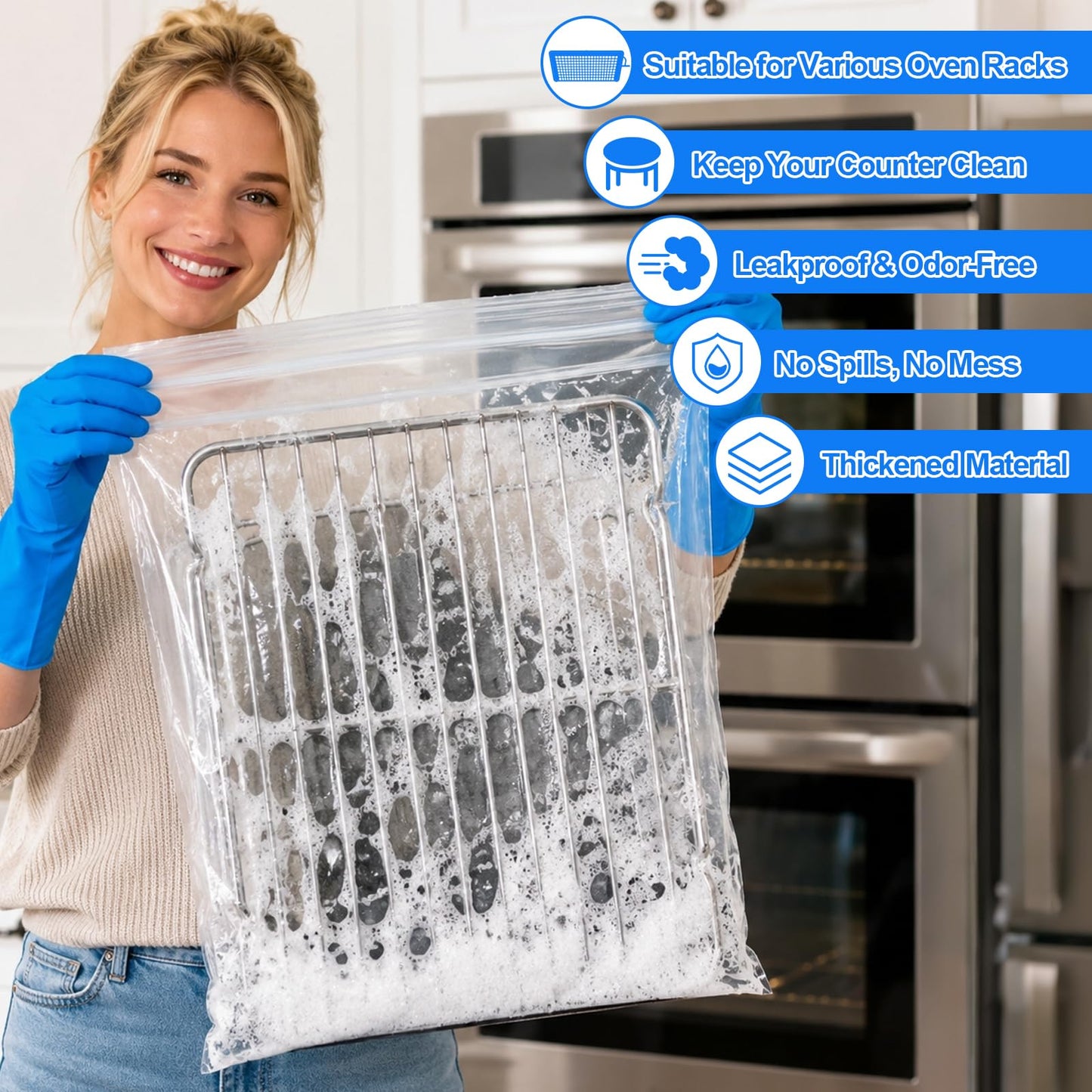 Palksky Oven Rack Cleaning Bags, 3 Sizes Heavy Duty No Scrub Bags for Use with Oven Cleaner, Reusable Leak-Resistant PE Bags for Deep Soaking Grill Grates & BBQ Racks, No Cleaner Included, 16 Packs WN420