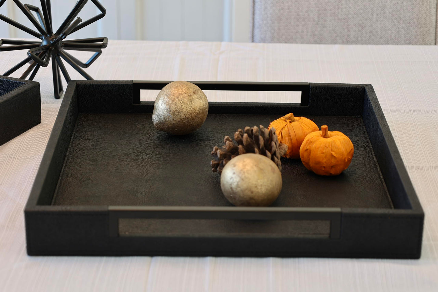 Sagala 16"x16" Ivory Shagreen Leather Serving Tray with Handles for Ottoman Coffee Table, Stylish Decorative Tray for Living Room Modern Home Decor (Ivory-Black, Square 16") BST220