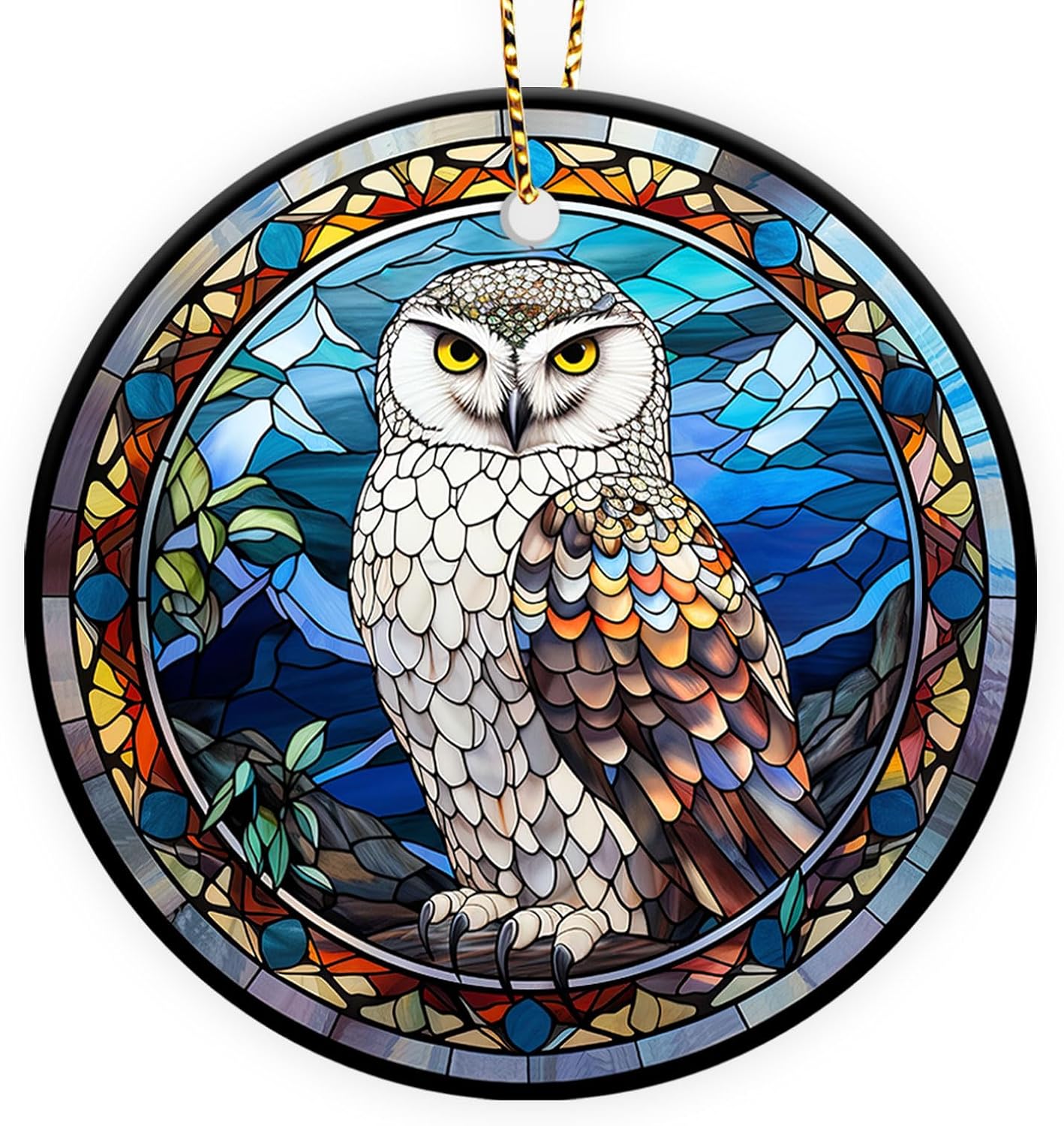 Stained Glass Snowy Owl Ornament – Artistic Ceramic Christmas Decoration for Bird Lovers, Holiday Keepsake Gift 2025 WN420