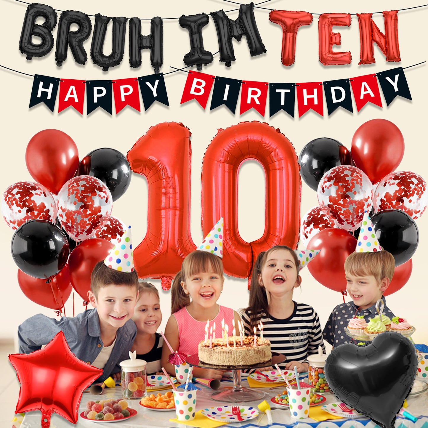 9th Birthday Decorations Boys Kit - 27 Pcs Red and Black Bruh Im Nine Balloon Banners Happy Birthday Fishtail Flags Number 9 Balloon Star Heart Balloons Set for 9 Year Old Party Decoration Supplies BST202