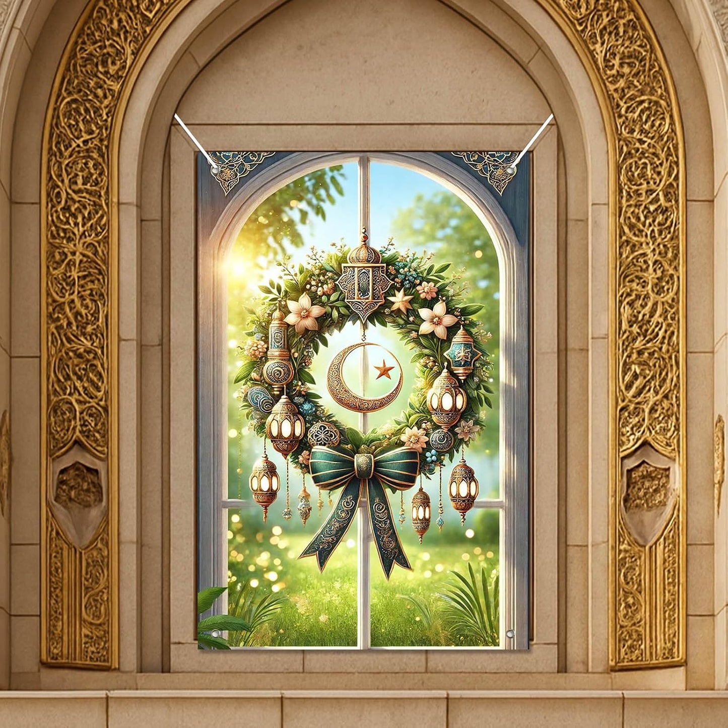 HOMETITUTE Eid Ramadan Window Banner Holiday Curtain Backdrop 31x47 Fabric | Mubarak Cover Festival Screen Windows Banner Hanging Living Room Bedroom Home Crescent Moon Star Pattern Design BST326H