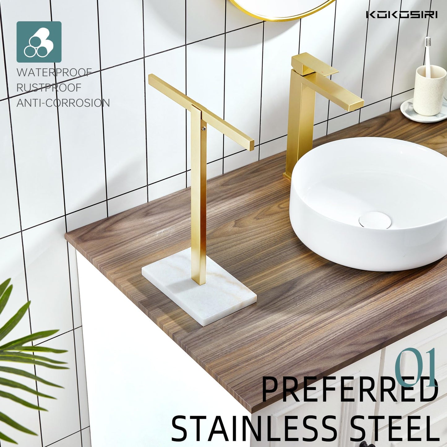 KOKOSIRI Hand Towel Holder Black Stand Towel Rack with Marble Base for Bathroom Kitchen Vanity Countertop, Stainless Steel 15.7'' Height THS0002-SM-BK BST202