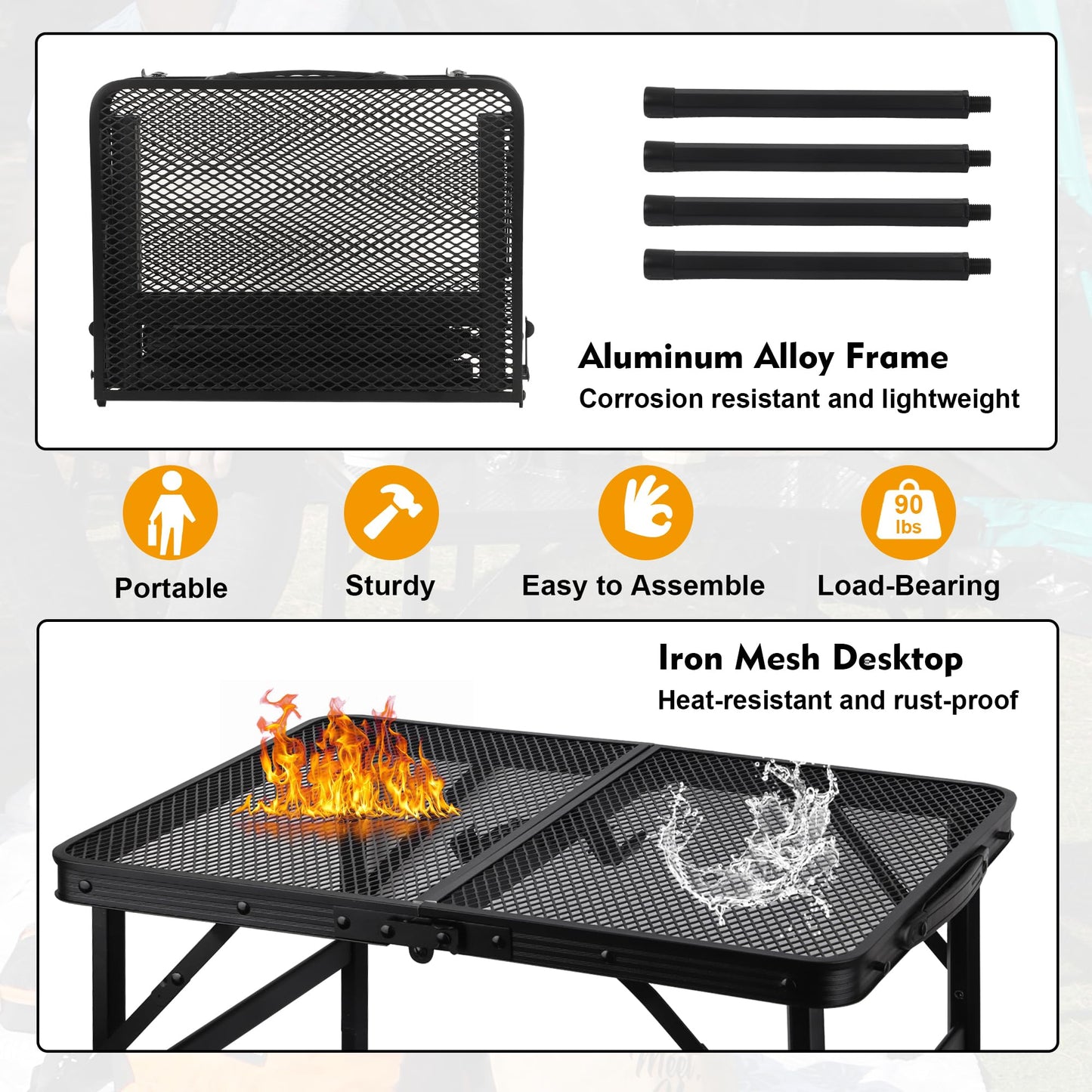 GREGIN Camping Table with Mesh Desktop, Lightweight & Portable Folding Grill Table N27