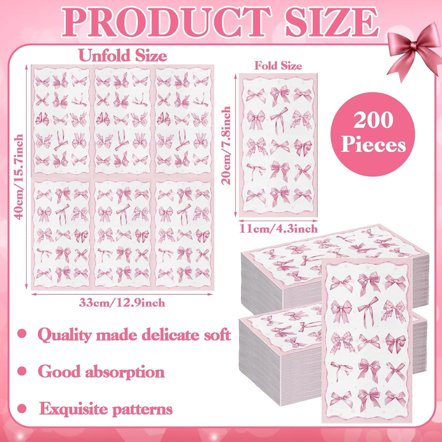 200 Pcs Pink Bow Napkins 3 Ply Coquette Bow Disposable Napkins Valentine's Day Paper Hand Towels Party Gifts Bulk for Bridal Shower Bachelorette Tea Party Birthday Decor(Classic Style) BST202