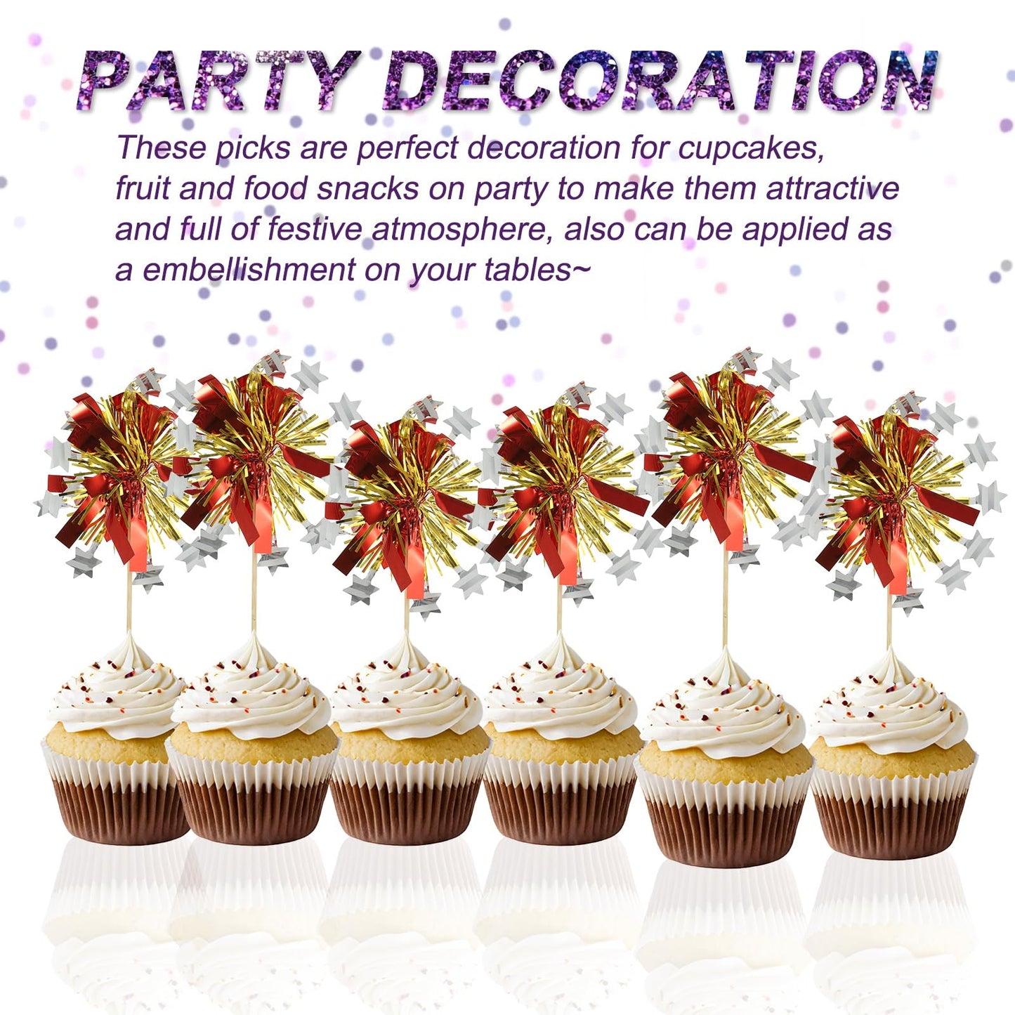 PATIKIL Firework Cupcake Toppers, 50 Pcs Sparkle Tinsel Snow Cupcake Picks Birthday Party Graduation Wedding Foil Decor Cocktail Food Fruit Toothpicks Christmas, Red BST326H