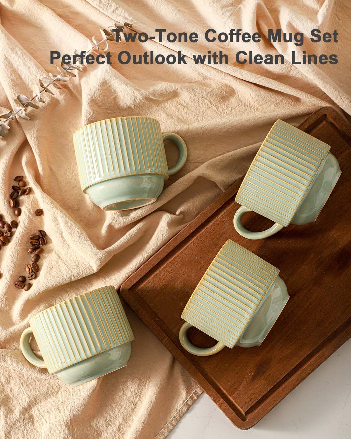 HASENSE 15 oz Ribbed Stackable Coffee Mug Set of 4, Porcelain Latte Cups with Metal Rack, Dishwasher & Microwave Safe, Cappuccino Tea Hot Cocoa, White BST220