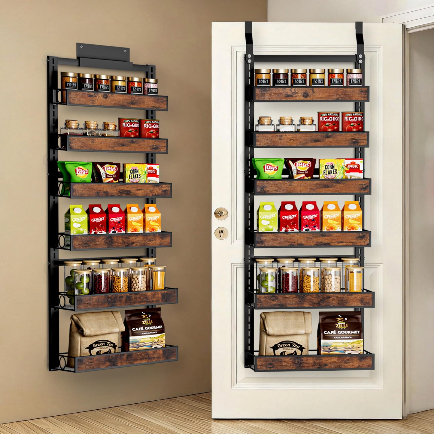 8 Tier Over The Door Pantry Orangizer 2 IN 1 Wall Mounted or Hanging Spice Rack with Adjustable Wood Basket,Heavy Duty Seasoning Storage Shelf for Kitchen Pantry and Bathroom BST220