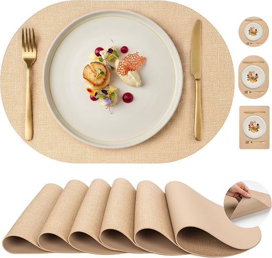 Faux Leather Placemats Set of 6, Wipeable Waterproof Stain Resistant Table Mats, Heat Resistant Thick Placemats with Hand-Painted Edges for Kitchen Dining, Imitative Linen Texture, Various Shapes BST326H