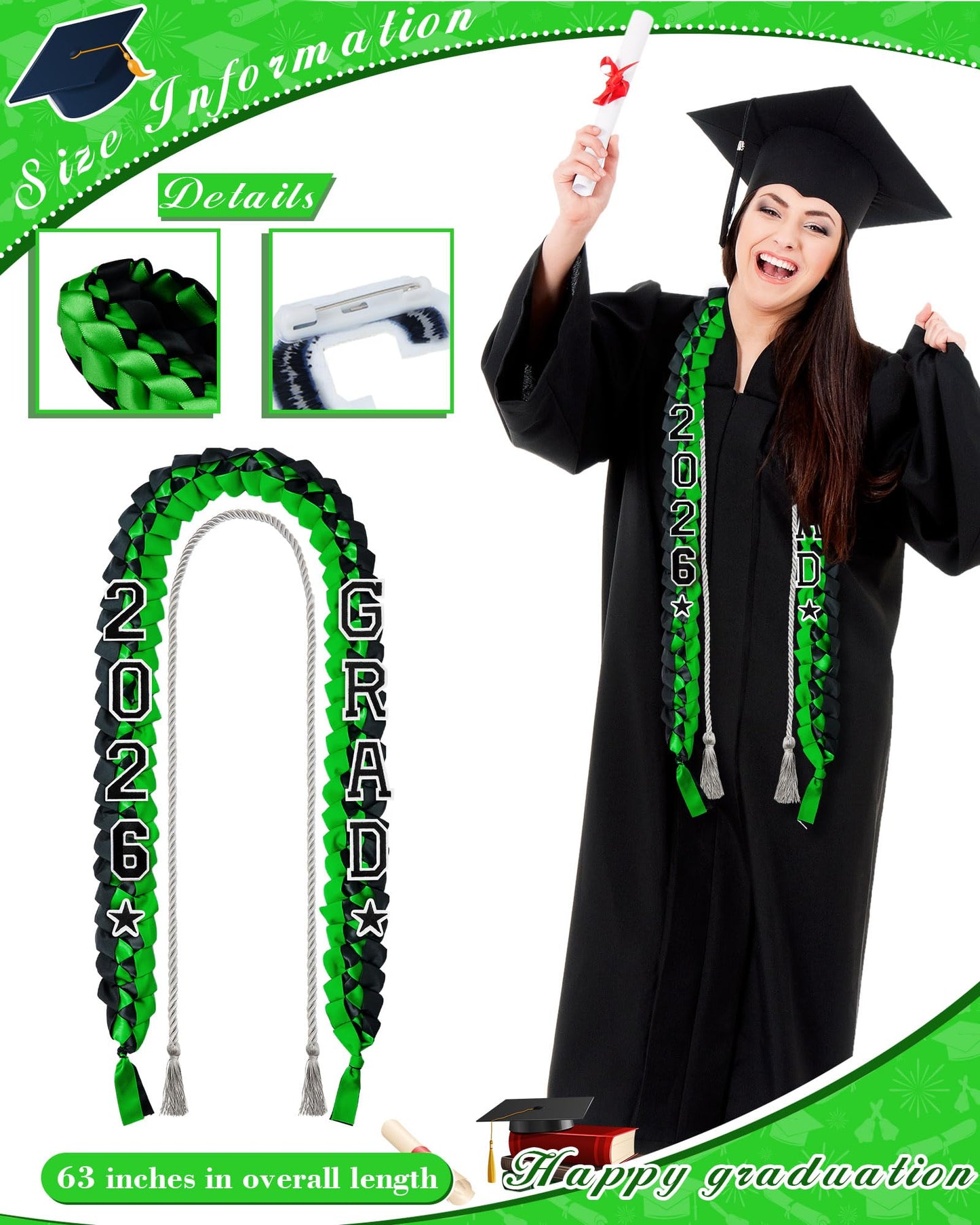 Cindeer 2026 Graduation Ribbon Lei Set Handmade Braided Necklace Honor Cord with Tassel 2026 Grad Embroidery Patches for High School College Graduation Party Supplies(Black, Red) BST220