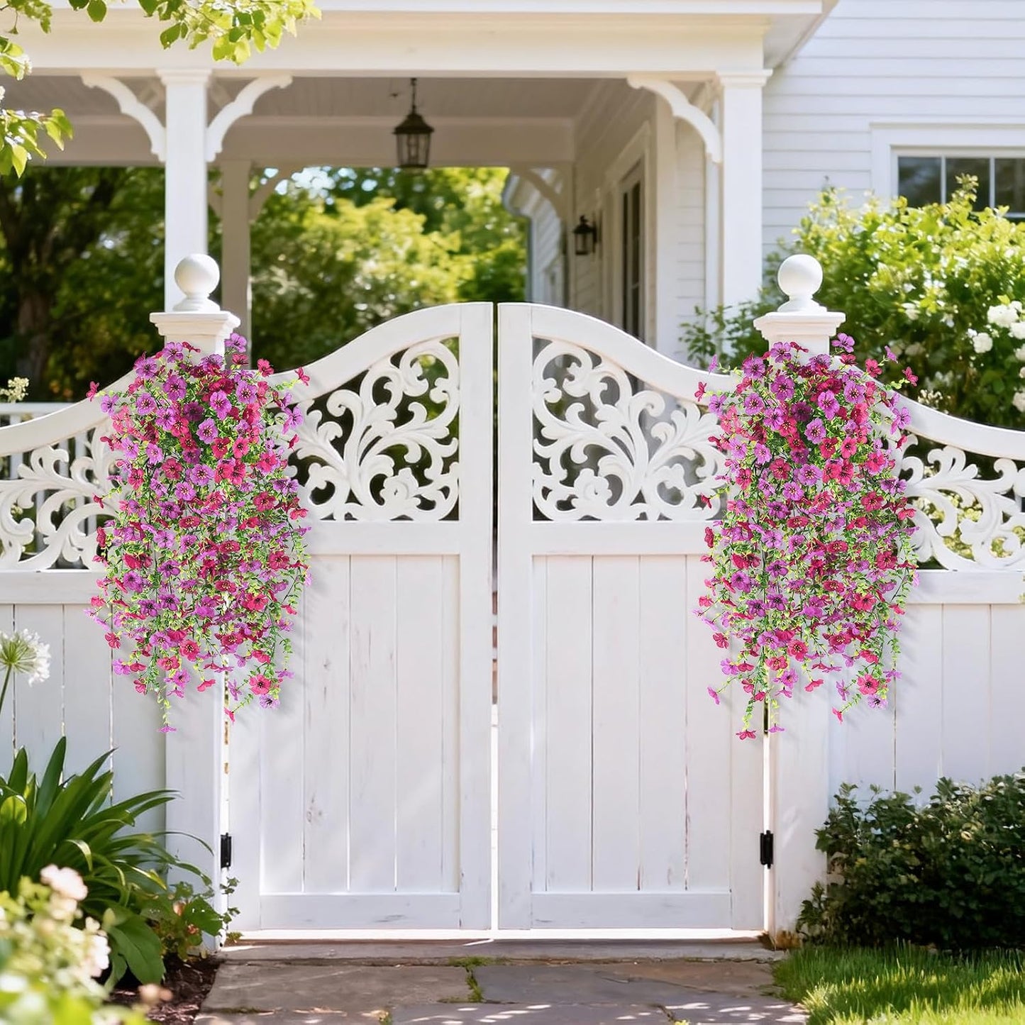 Artificial Hanging Flowers for Outdoor, 2PCS Fake Flowers Faux Silk Daisy with Eucalyptus Leaves, UV Resistant Aritificial Flowers for Spring Home Patio Yard Porch Decor (Light Purple Red) BST202
