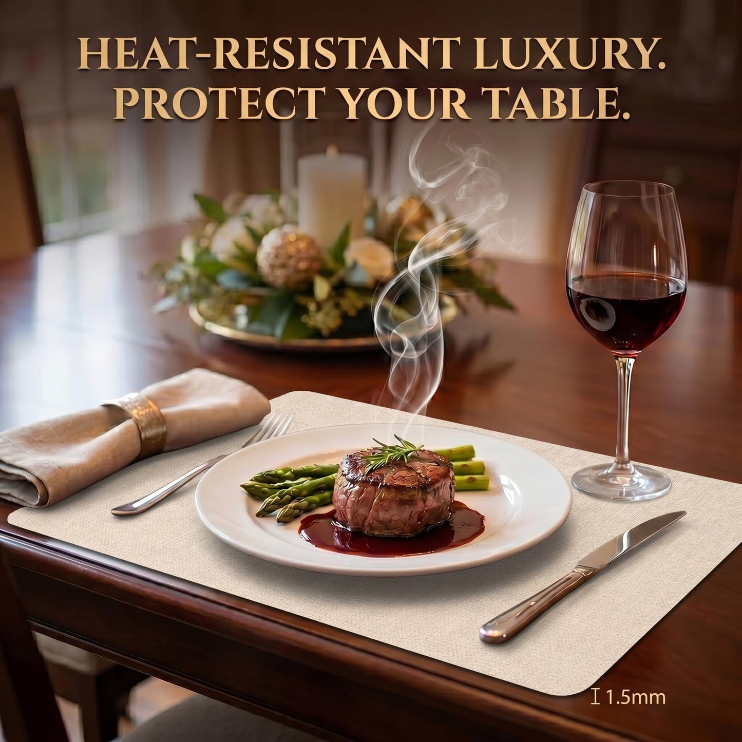 Faux Leather Placemats Set of 6, Wipeable Waterproof Stain Resistant Table Mats, Heat Resistant Thick Placemats with Hand-Painted Edges for Kitchen Dining, Imitative Linen Texture, Various Shapes BST326H