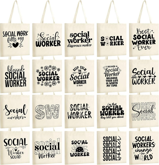Paterr 20 Pcs Social Worker Appreciation Gift for Women Thank You Social Worker Gifts Canvas Tote Bag Bulk(White) BST326H