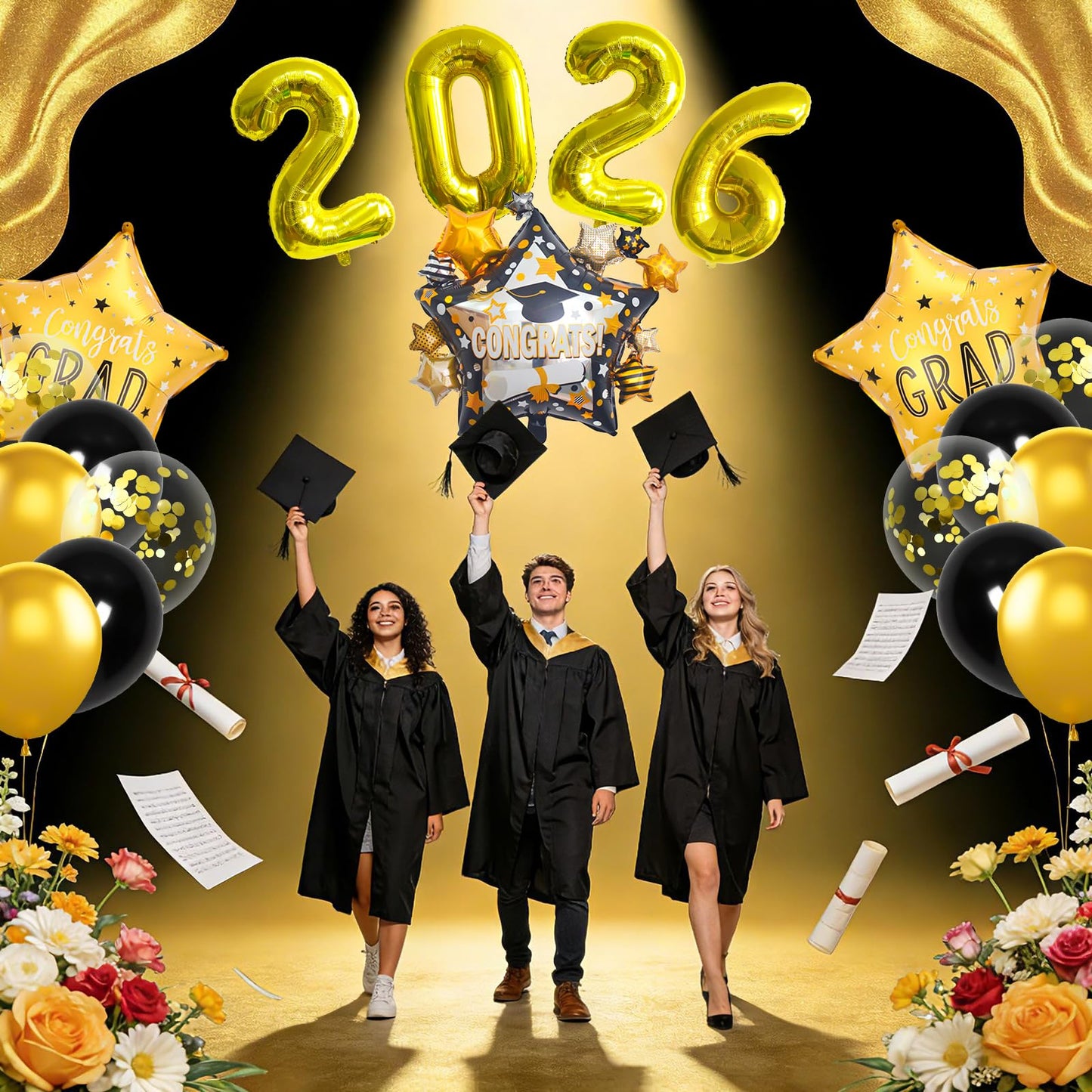 Graduation Balloons Congrats Grad Balloons Gold and Black Balloon for 5th Grade Graduation Decorations Grad Party Decorations 2026 BST326L