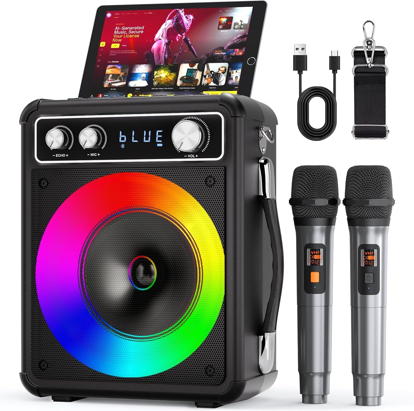Portable Karaoke Machine with 2 Wireless Microphones Model T-03 82