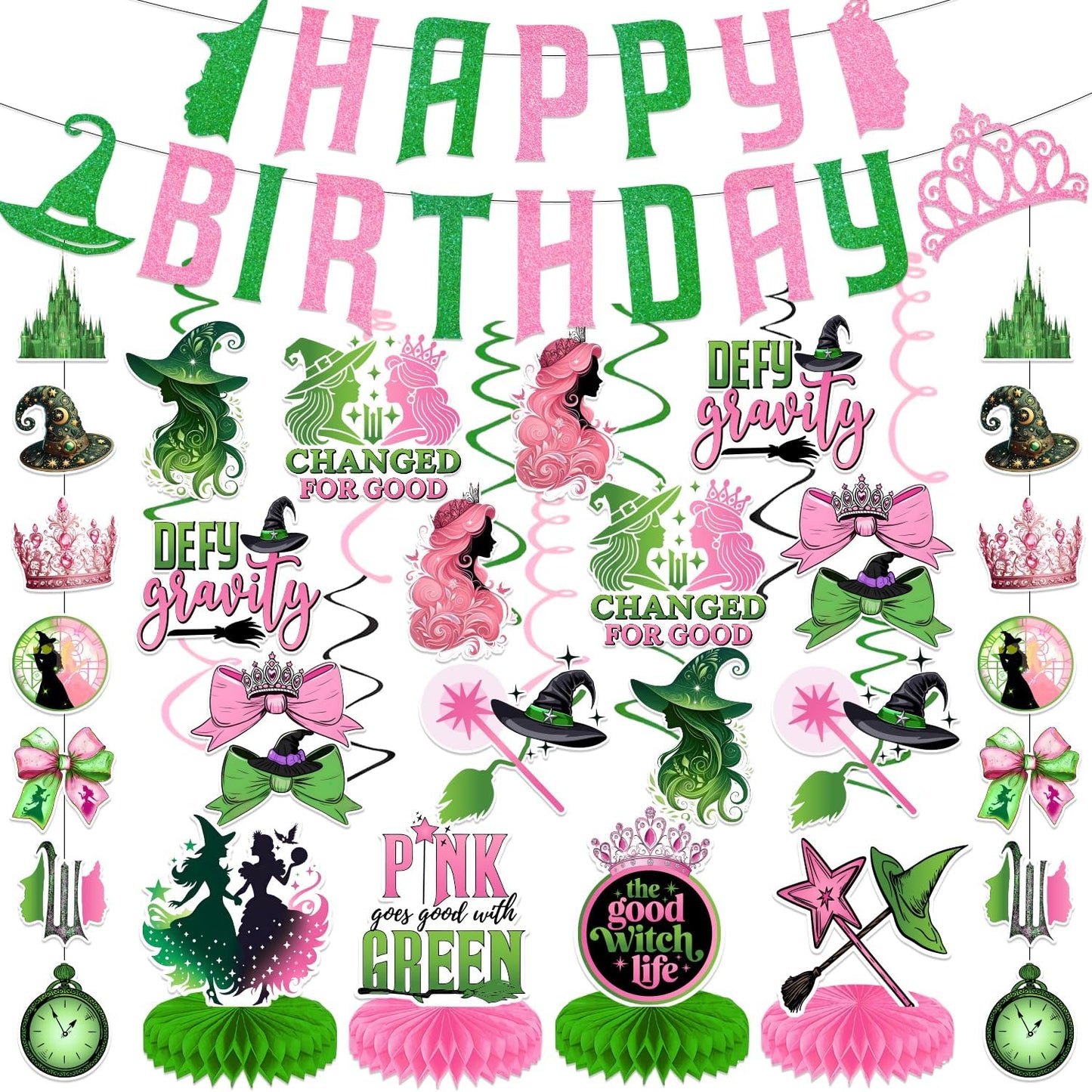 Witch Party Decorations Pink and Green Happy Birthday Banner Hanging Swirls and Honeycomb Centerpieces Witch Theme Party Decorations for Girls Women Birthday Party Supplies BST220