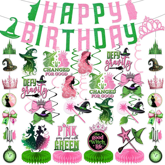 Witch Party Decorations Pink and Green Happy Birthday Banner Hanging Swirls and Honeycomb Centerpieces Witch Theme Party Decorations for Girls Women Birthday Party Supplies BST220