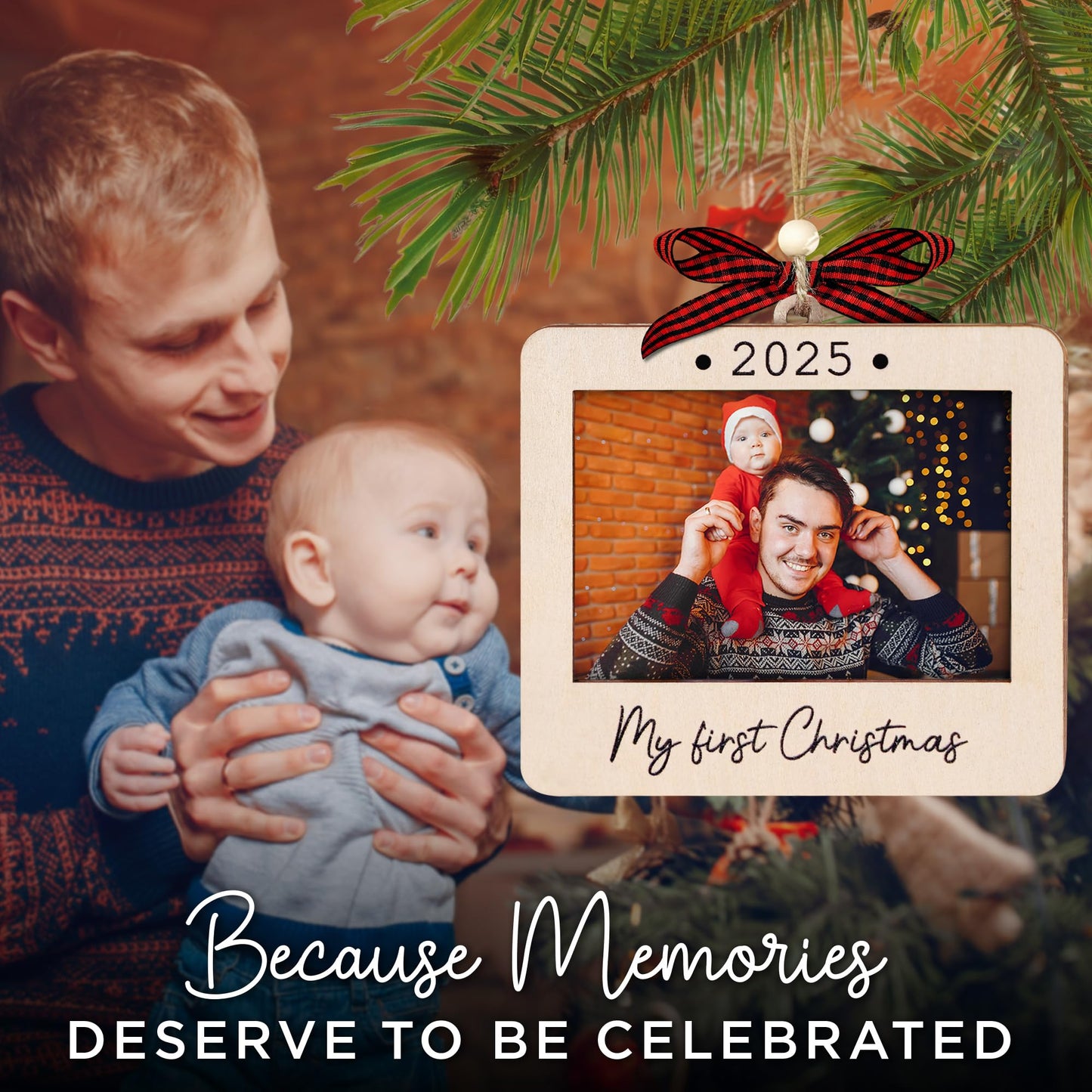 Hangwoous Baby's First Christmas Photo Frame Ornament 2025 | Wooden portrait frame keepsake, first Christmas photo gift for baby BST202