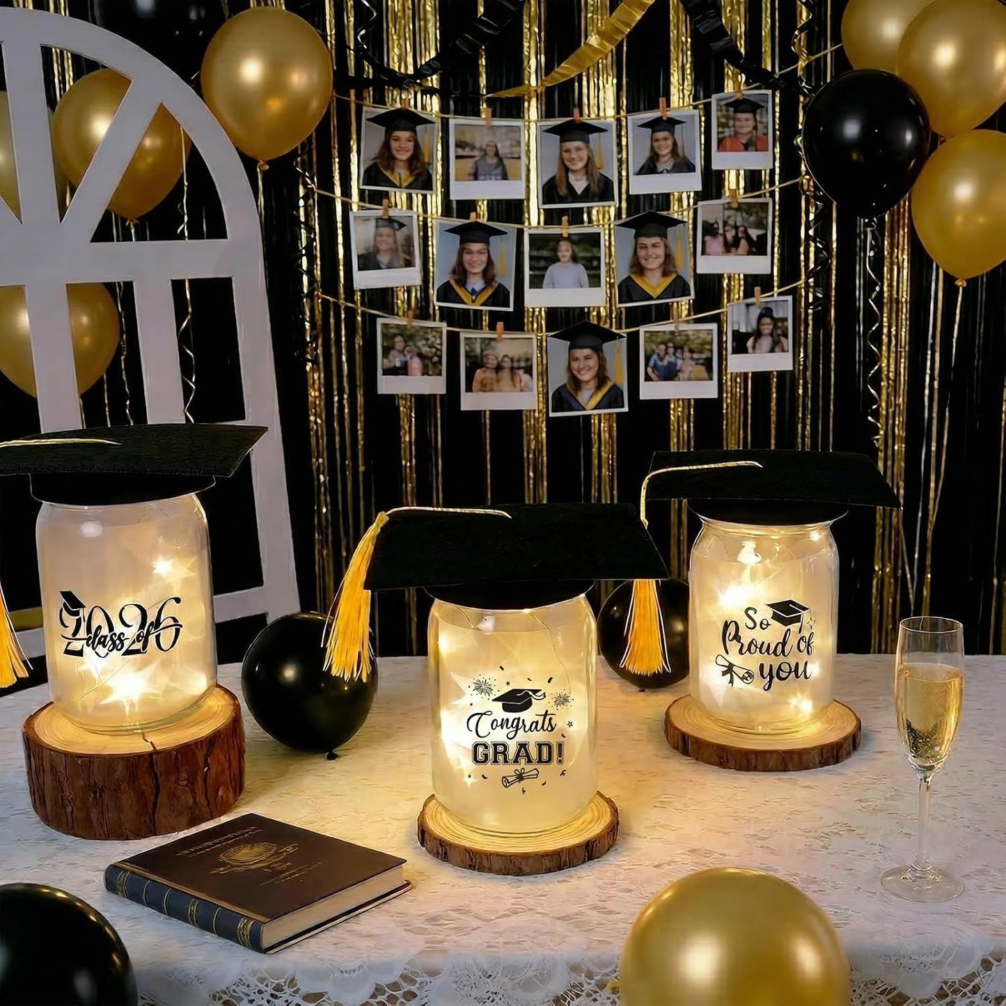 3 Sets 2026 Graduation Centerpieces for Tables, Glowing Mason Jar Centerpieces with Graduation Caps, Glowing Money Jars for College High School Congrats Grad Party Decor Supplies WN420