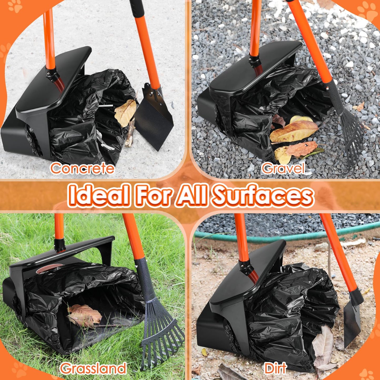 SlowTon Dog Pooper Scooper - 37.4" Long Metal Handle Adjustable Rake & Spade & Swivel Bin with 10 Waste Bags, Portable Pooper Scooper N3233
