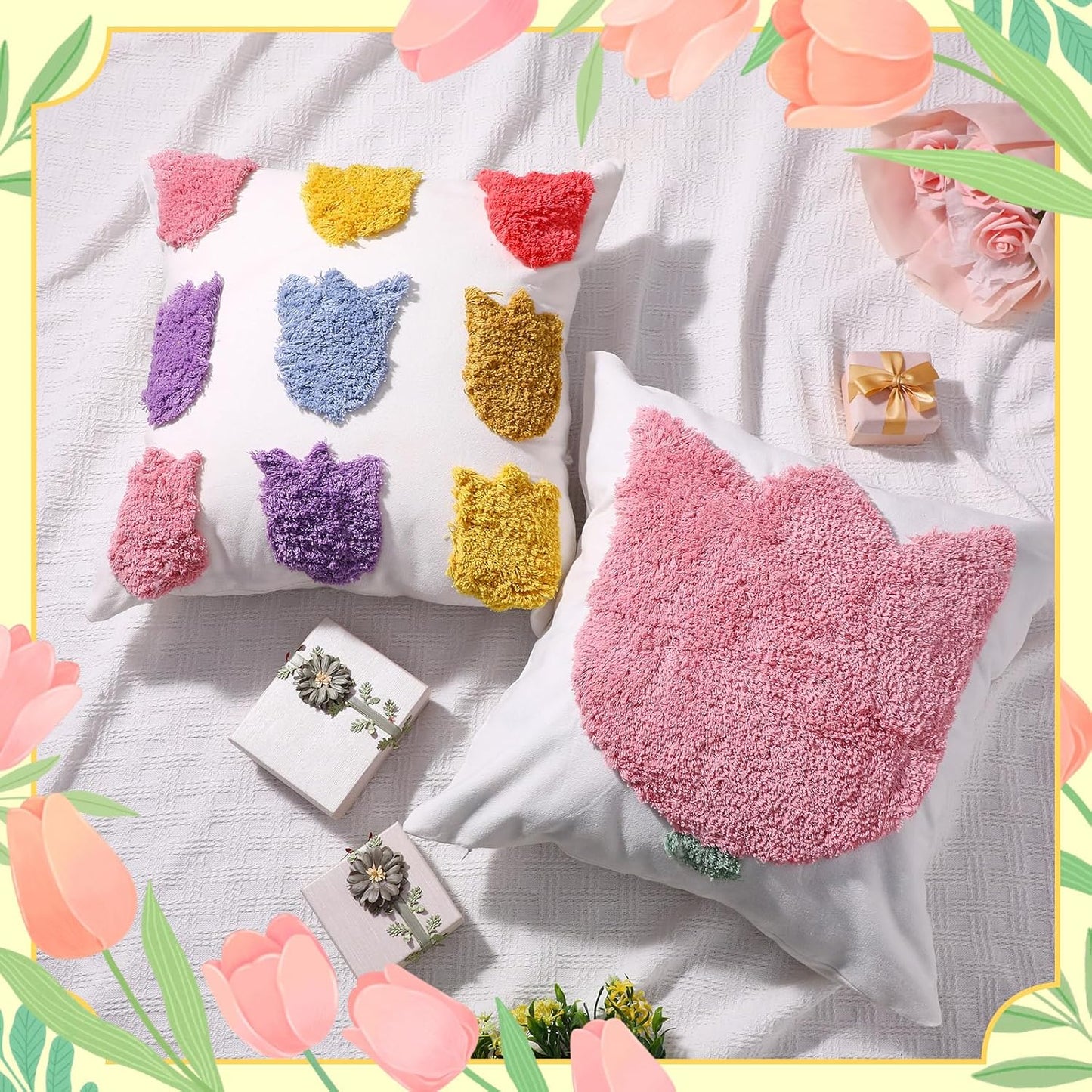 Mixweer Set of 2 Tulip Pillow Covers 18x18 Inch Embroidered Floral Pillowcases Soft Plush Farmhouse Decor Floral Throw Pillow Cover with Zipper for Summer Spring Mother's Day Home Sofa Holiday Decor BST326L