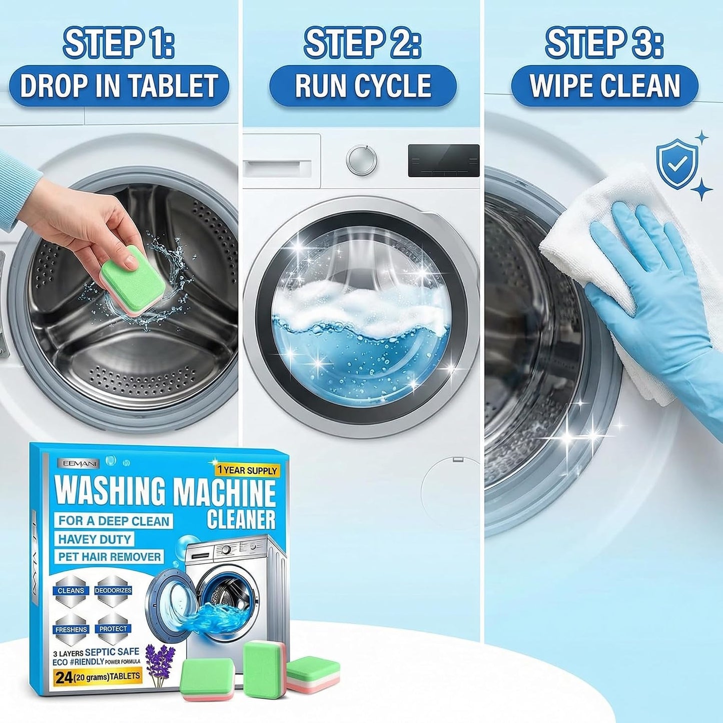 3-Layer Washing Machine Cleaner Tablets 24 Pack, Heavy Duty Deep Cleaning, Descaling & Odor Elimination suitable for Pet Owners, Septic-Safe & Eco-friendly Washer Cleaner for Front & Top Load washers BST202