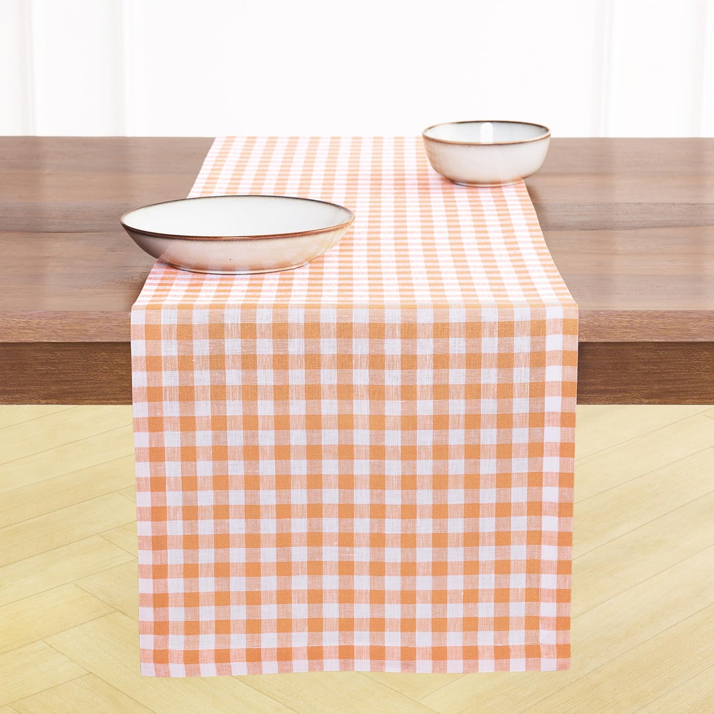 Solino Home 100% Pure Linen Table Runner Apricot, Gingham Check 14 x 36 in | Table Runners for nightstands, end tables, coffee tables and dressers | checkered weave, mitered corners | OEKO-TEX Certified BST326SOLH