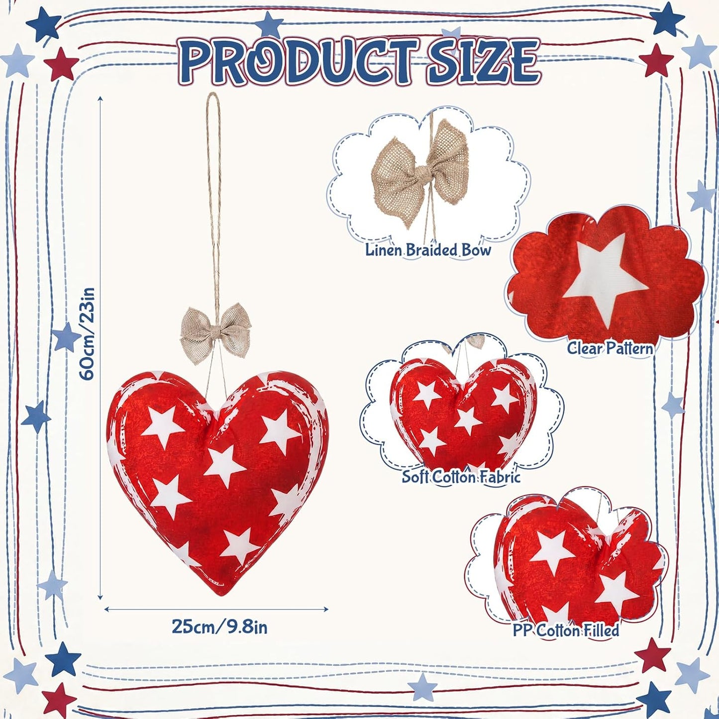 Moukeren 3 Pcs 4th of July Tree Decorations 12 Inch Large Red White Blue Decorations Patriotic Mantel Decor Fabric Heart Hanging Ornaments for Independence Day 250th Anniversary Rustic Farmhouse Style BST202
