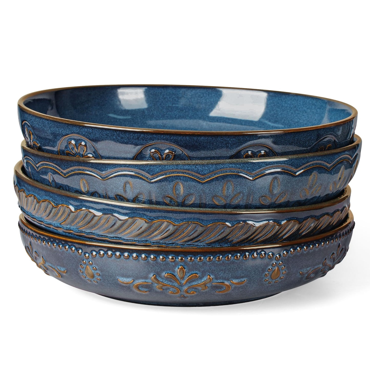Artena Pasta Bowls, 50oz Large Salad Serving Bowls, 9.75'' Plates Bowls Set of 4, Big White Ceramic Soup Bowls for Kitchen, Embossment Shallow Dinner Bowl, Microwave Dishwasher Safe, Willow Leaf BST326H