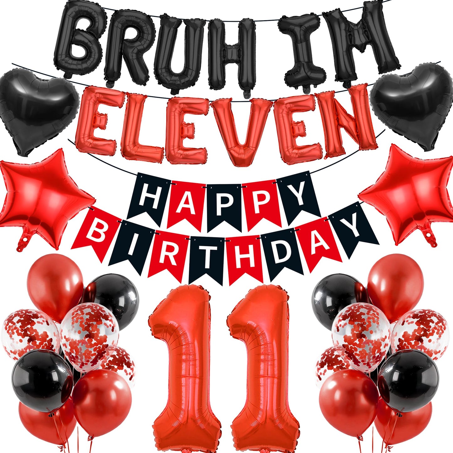 9th Birthday Decorations Boys Kit - 27 Pcs Red and Black Bruh Im Nine Balloon Banners Happy Birthday Fishtail Flags Number 9 Balloon Star Heart Balloons Set for 9 Year Old Party Decoration Supplies BST202