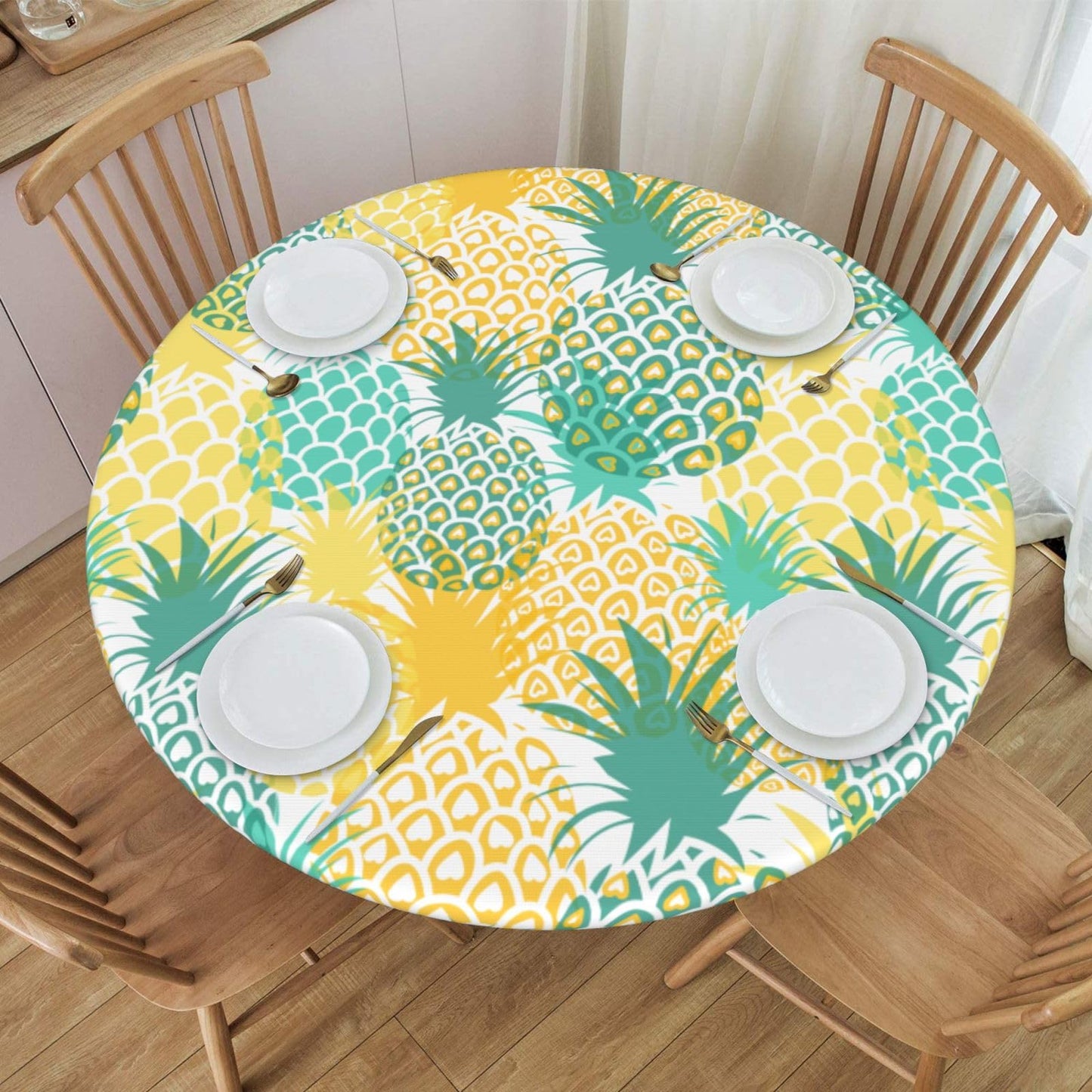 Blue Petal Mandala Pattern Tablecloth with Elastic Edge, Round Table Cover Washable Reusable Bohemian Table Cloths for Kitchen Dining Party, Medium (Fits 45-50 in) BST202