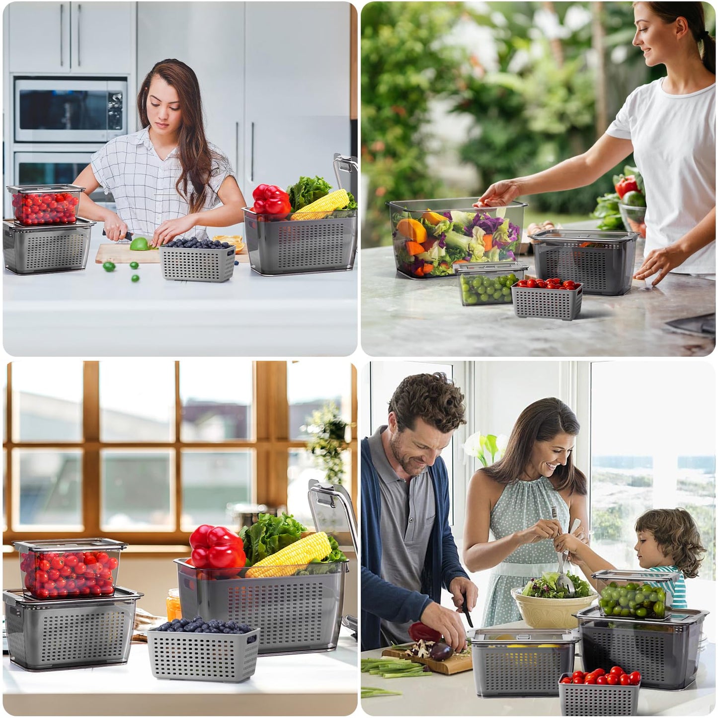 LUXEAR 4 Pack Fruit Vegetable Containers for Fridge, Produce Saver Container with Lids &Removable Colander BPA-free Refrigerator Storage Organizer for Fruit Vegetable, Berry, Meat keep Fresh Longer DD1210