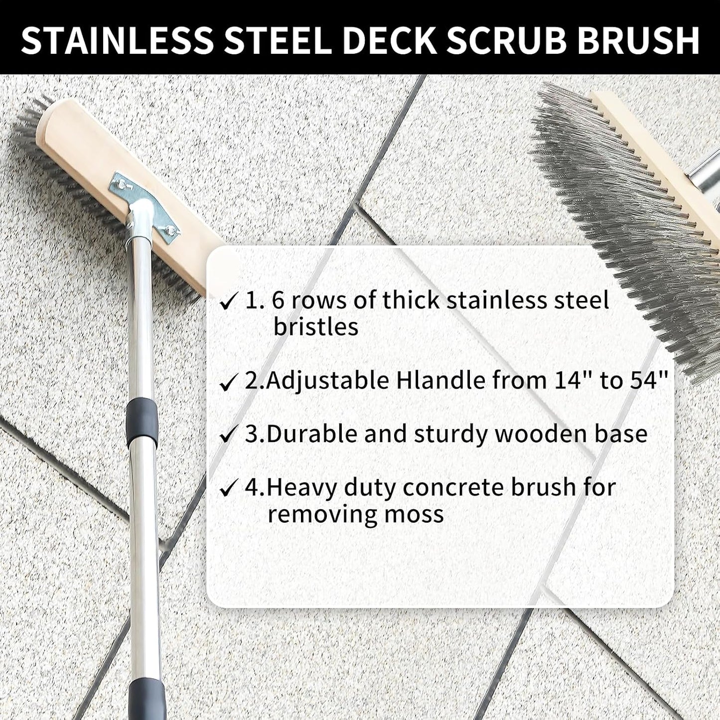 Stainless Steel Wire Scrub Brush with Long Handle, Heavy Duty Floor Scrubber Brush, Moss Remover Wire Broom for Deck, Rough Surface, Concrete Floor, Patio, Garden, Garage BST202
