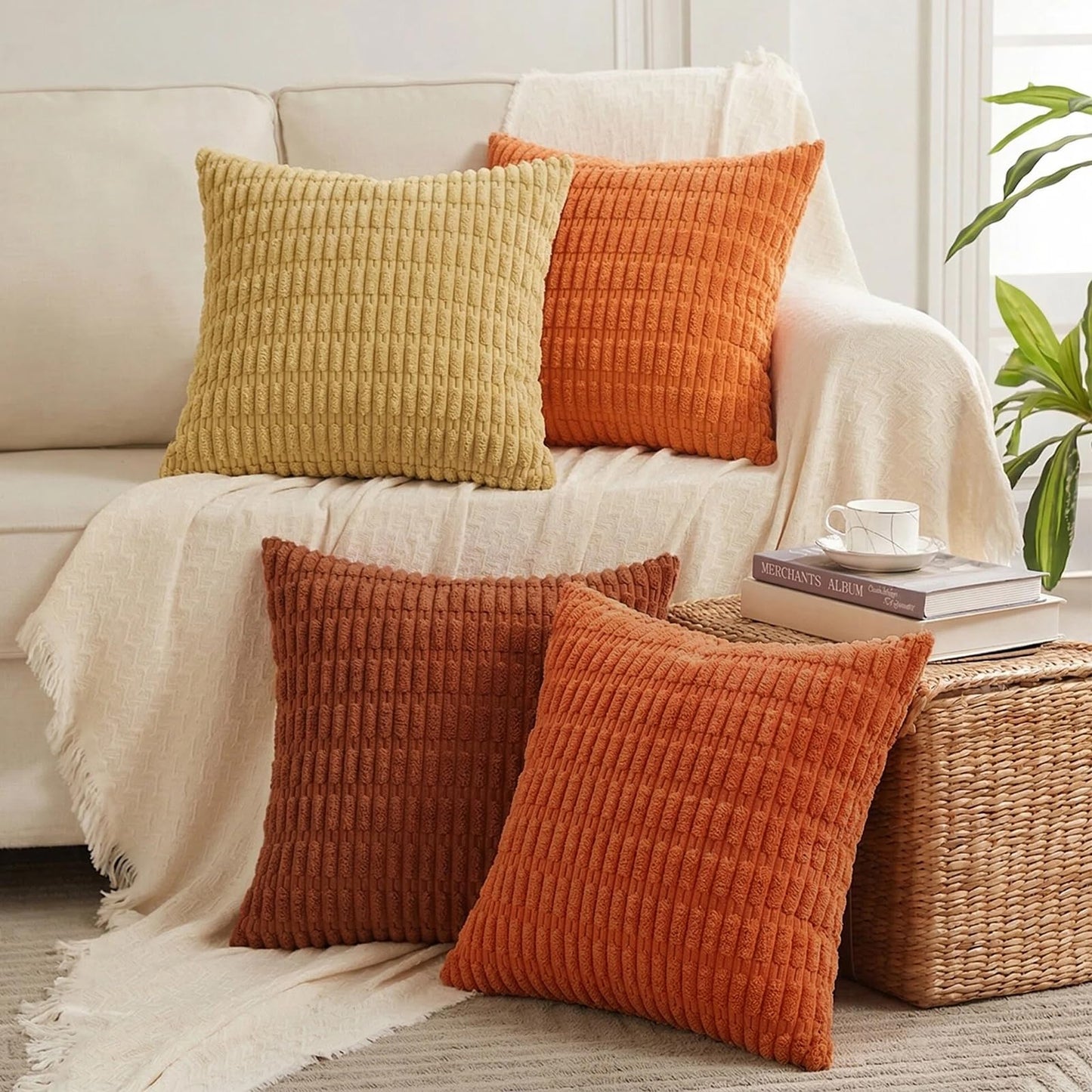 Fancy Homi 4 Packs Decorative Throw Pillow Covers for Living Room Couch Bed, Modern Farmhouse Boho Home Décor Accent Cushion Case, 26" x 26", Peach BST220