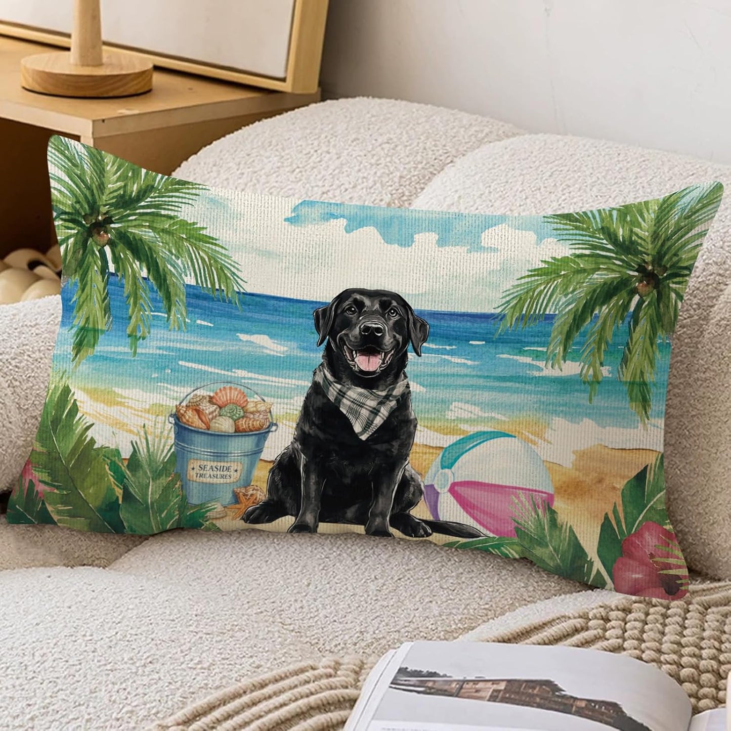 Summer Black Labrador Dog Lumbar Throw Pillow Cover 12x20 Inch Beach Coastal Cushion Case Decoration for Sofa Couch BST202