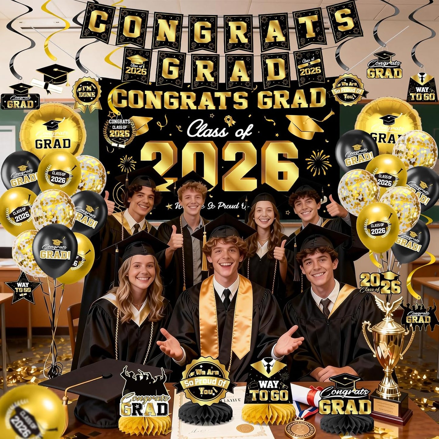 Graduation Decorations 2026-Black and Gold Graduation Party Decorations Supplies Class of 2026 with Graduation Banner, Backdrop, Balloons, Centerpieces, Hanging Swirl for Grad Party BST326H