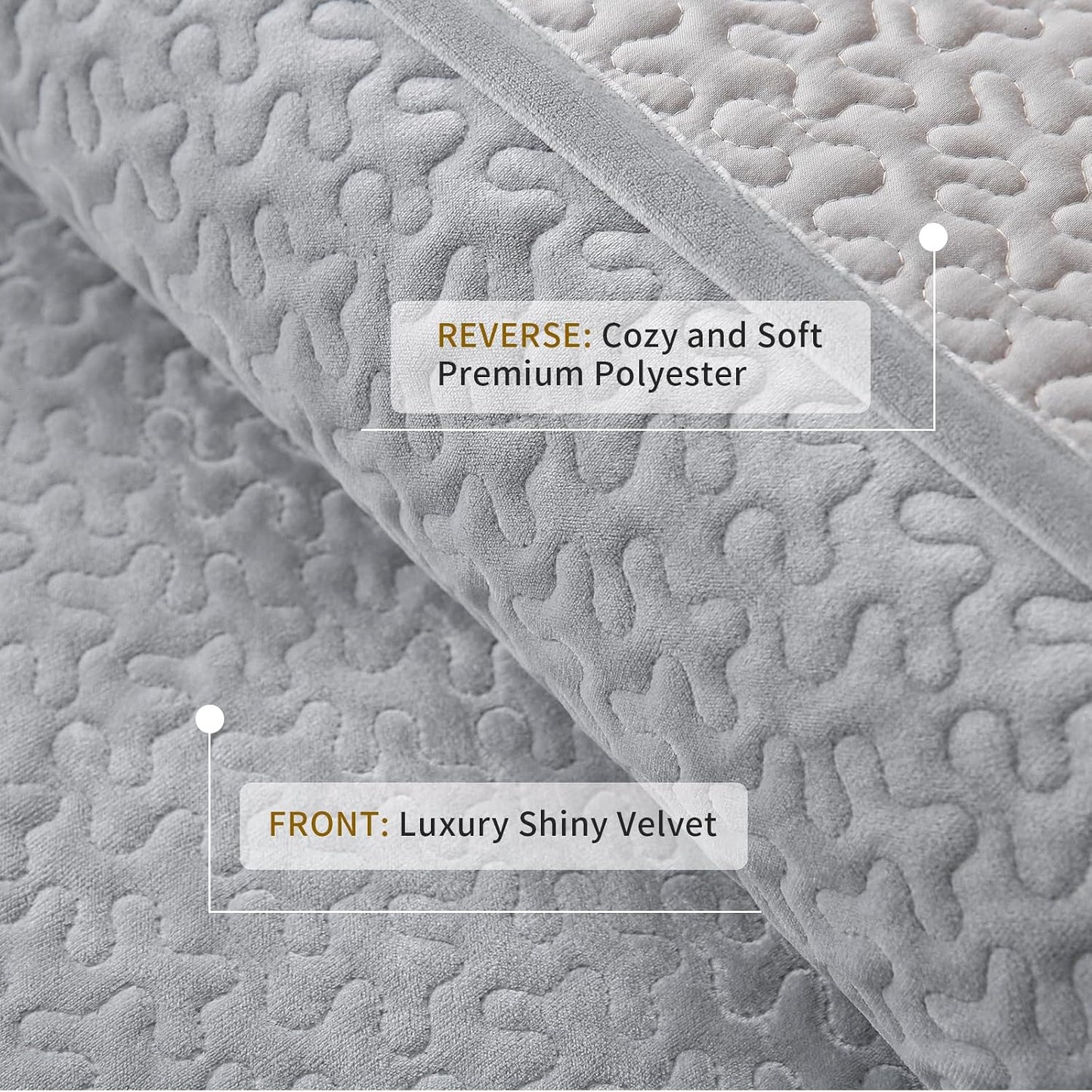 Velvet Quilt Set Queen Size - 3-Piece Lightweight Bedding, Soft Velvet Comforter, Oversized Bedspread Coverlet for All Season, Soft Gray BST326H